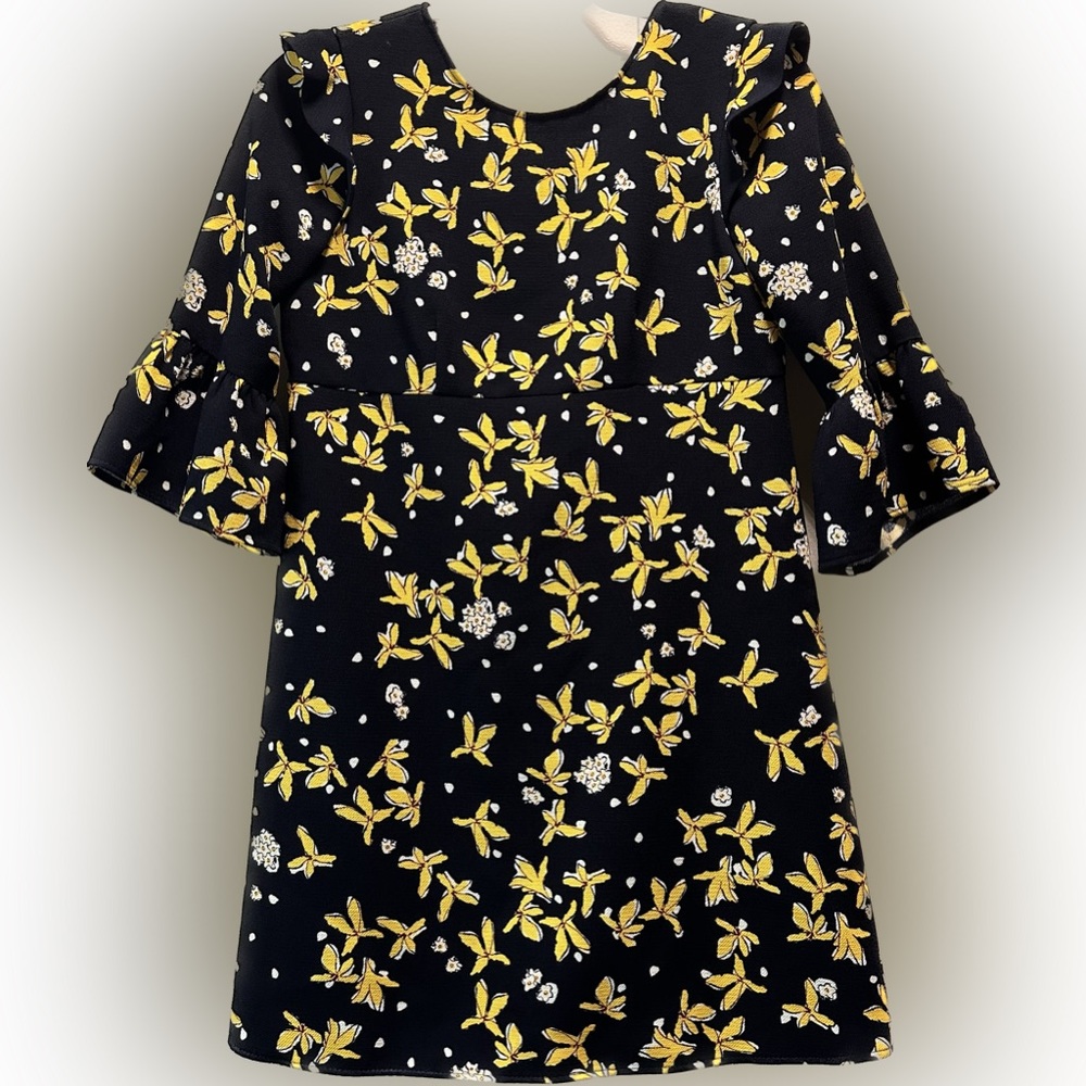 Zara floral ruffle sleeve navy and yellow dress size small